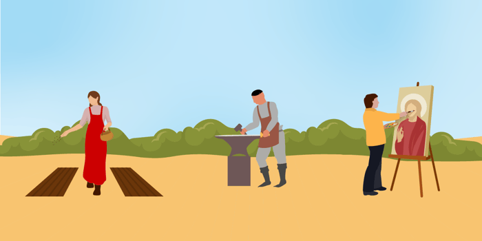 Ilustração mostrando três pessoas envolvidas em diferentes atividades ao ar livre. À esquerda, uma mulher vestindo um avental vermelho espalha sementes em duas faixas de terra. No centro, um homem de avental cinza trabalha em uma bigorna com um martelo. À direita, uma pessoa pinta uma imagem religiosa em um cavalete. O fundo apresenta um céu azul claro e uma linha de arbustos verdes.