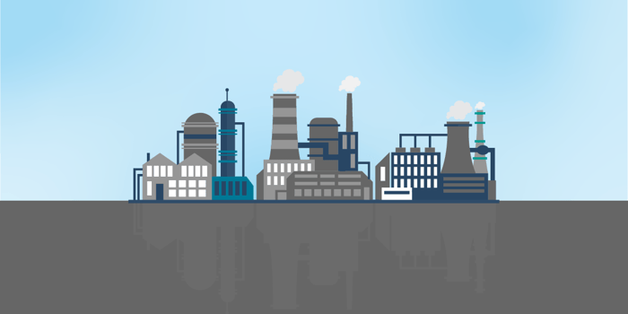 Uma ilustração plana de uma série de edifícios industriais e fábricas contra um céu azul claro. Várias chaminés emitem fumaça branca. Os edifícios são representados em tons de cinza, branco e azul, com reflexos escuros no primeiro plano, sugerindo uma superfície reflexiva como água ou asfalto molhado.