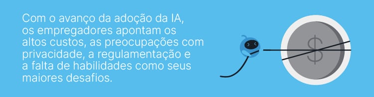 Adoção da IA e desafios enfrentados pelos empregadores, incluindo altos custos, preocupações com privacidade e falta de habilidades.