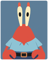 Ilustração digital minimalista em estilo flat de um caranguejo vermelho com grandes pinças, camisa azul clara e calças pretas, inspirado em Mr. Krabs de Bob Esponja, sobre fundo neutro