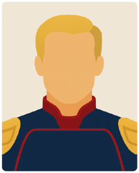 Ilustração digital minimalista em estilo flat de um homem loiro com uniforme azul e capa vermelha, inspirado em Homelander da série The Boys, sobre fundo neutro.