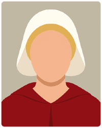 Ilustração digital minimalista em estilo flat de uma mulher com roupa vermelha e capuz branco, inspirada em June Osborne de The Handmaid’s Tale, sobre fundo neutro.