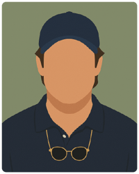 Ilustração digital minimalista em estilo flat de um homem de cabelo castanho curto, vestindo jaqueta esportiva escura, inspirado em Billy Beane do filme O Homem que Mudou o Jogo, sobre fundo neutro.