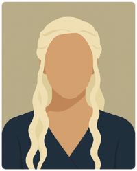 Ilustração digital minimalista em estilo flat de uma mulher loira de cabelos longos e tranças, usando roupa azul característica, inspirada em Daenerys Targaryen de Game of Thrones, sobre fundo neutro.
