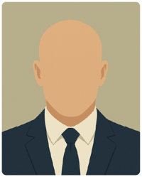 Ilustração digital minimalista em estilo flat de um homem careca com terno escuro, sentado em posição de liderança, inspirado em Professor Xavier da franquia X-Men, sobre fundo neutro.