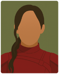 Ilustração digital minimalista em estilo flat de uma jovem mulher com cabelo castanho preso em trança, vestindo roupa escura e expressão determinada, inspirada em Katniss Everdeen de Jogos Vorazes, sobre fundo neutro.