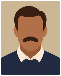 Ilustração digital minimalista em estilo flat de um homem com bigode espesso e cabelo castanho penteado, vestindo suéter azul-marinho sobre camisa com gola branca; fundo neutro.