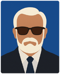 Ilustração digital minimalista em estilo flat de um homem idoso com cabelo branco ralo, barba e bigode, usando terno escuro e óculos retangulares; fundo neutro.