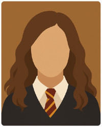 Ilustração digital minimalista em estilo flat de uma jovem mulher com cabelo castanho longo e ondulado preso, usando peça com gola e gravata listrada vermelho e dourado, sugerindo uniforme escolar; fundo neutro.
