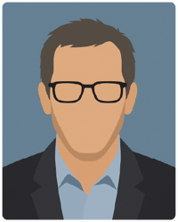 Ilustração digital minimalista em estilo flat de um homem de meia-idade com cabelo desgrenhado e fios grisalhos, veste paletó escuro sobre camisa clara; fundo neutro.