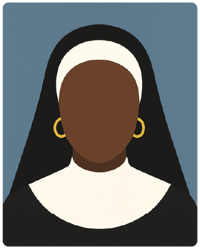 Ilustração digital minimalista em estilo flat de uma mulher com hábito de freira preto e coifa branca, pele morena e brincos dourados; fundo neutro.