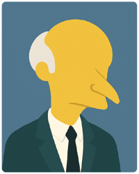 Ilustração digital minimalista em estilo flat de um homem idoso com pele amarelada, cabeça alongada e calva, poucos fios brancos nas laterais e nariz pontudo; veste terno escuro; fundo neutro.