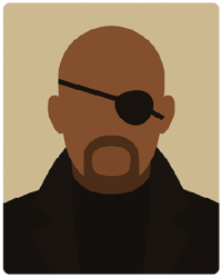Ilustração digital minimalista em estilo flat de um homem negro e careca com tapa-olho e gola alta preta, expressão séria; fundo neutro.