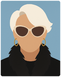 Ilustração digital minimalista em estilo flat de uma mulher de cabelo branco curto, usando casaco preto sofisticado, inspirada em Miranda Priestly de O Diabo Veste Prada, sobre fundo neutro.