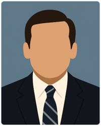 Ilustração digital minimalista em estilo flat de um homem de terno escuro e gravata, inspirado em Michael Scott da série The Office, sobre fundo neutro.