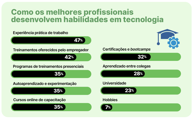 Gráfico de barras mostrando como profissionais desenvolvem habilidades em tecnologia, com "Experiência prática de trabalho" liderando com 47%.